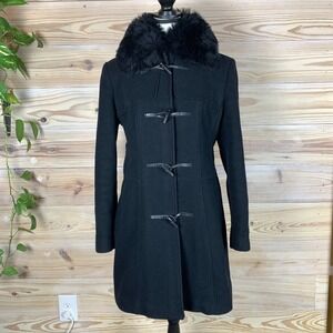 Vtg Banana Republic Toggle Coat Women M‎ Black Wool Shearling Collar Y2K